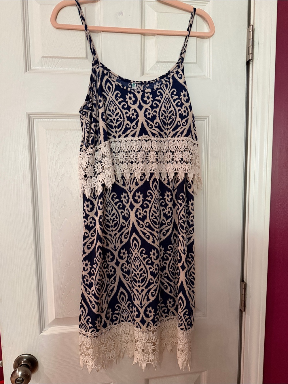 Auditions Navy Dress with Cream Lace Overlay
